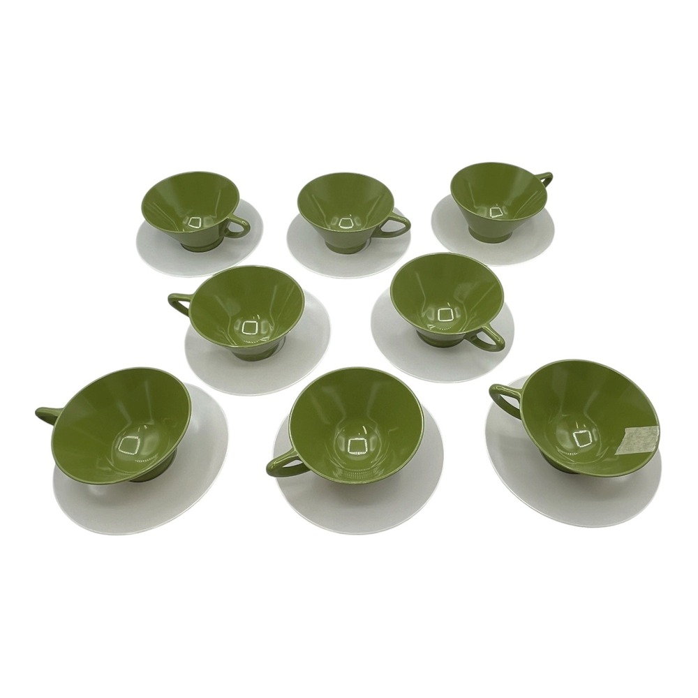 Vintage Melamine 8 Olive Green White Tea Cup Saucer Set 16pc Mid Century‎ Modern